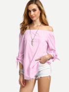 Romwe Striped Off Shoulder Tie Cuff Blouse