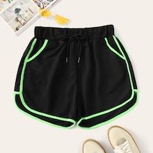 Romwe Plus Contrast Trim Drawstring Waist Shorts