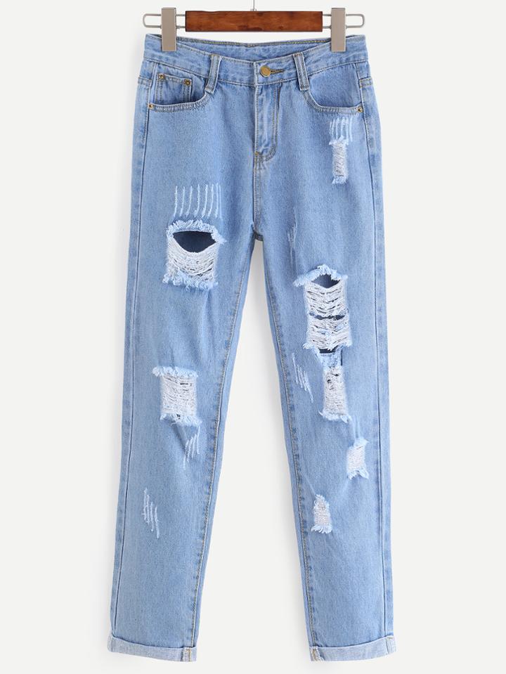 Romwe Blue Ripped Roll Hem Jeans