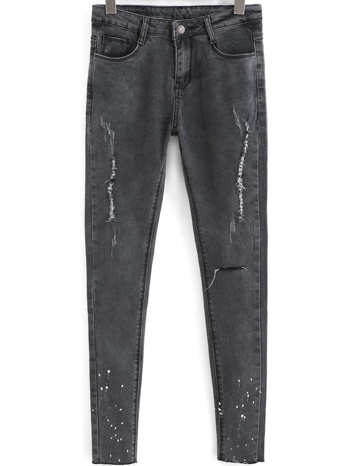 Romwe Ripped Speckled Print Denim Pant