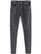 Romwe Ripped Speckled Print Denim Pant