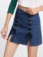 Romwe Lace Up M-split Denim Skirt
