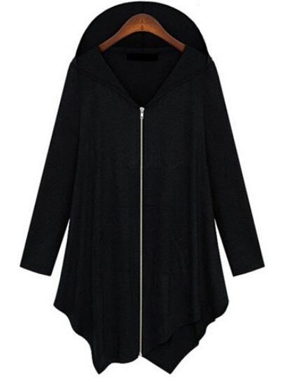 Romwe Hooded Zipper Asymmetrical Black Coat