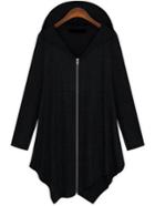 Romwe Hooded Zipper Asymmetrical Black Coat