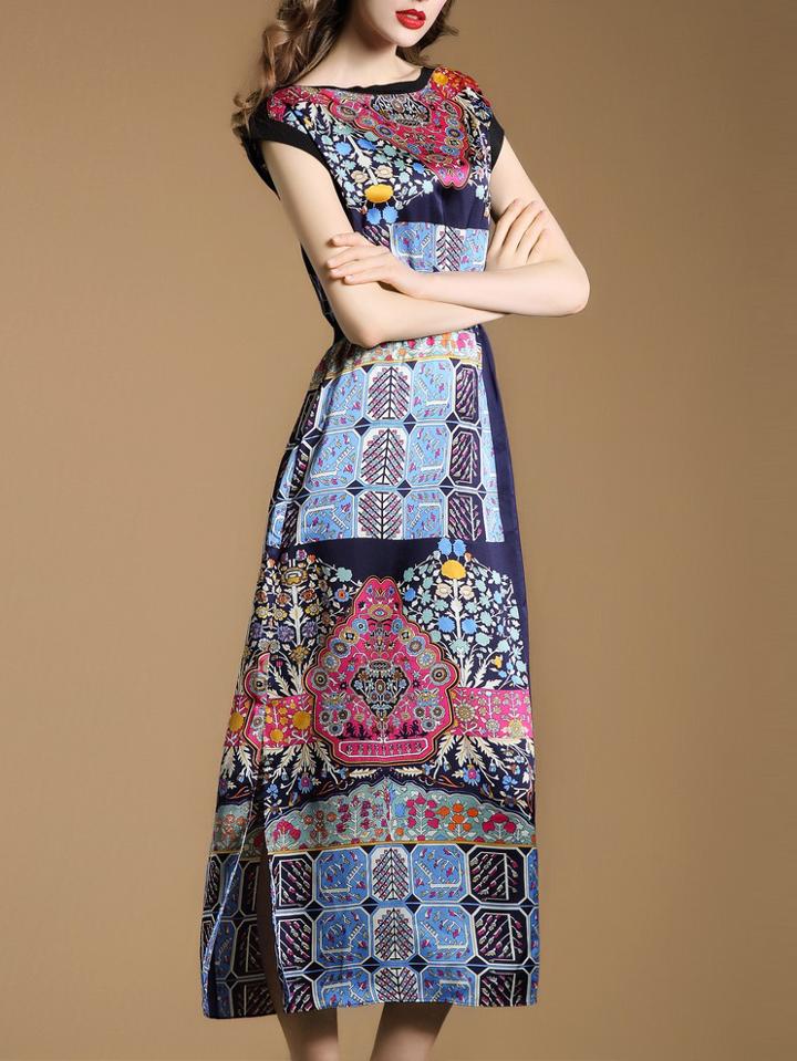 Romwe Multicolor Print Elastic-waist Split Midi Dress