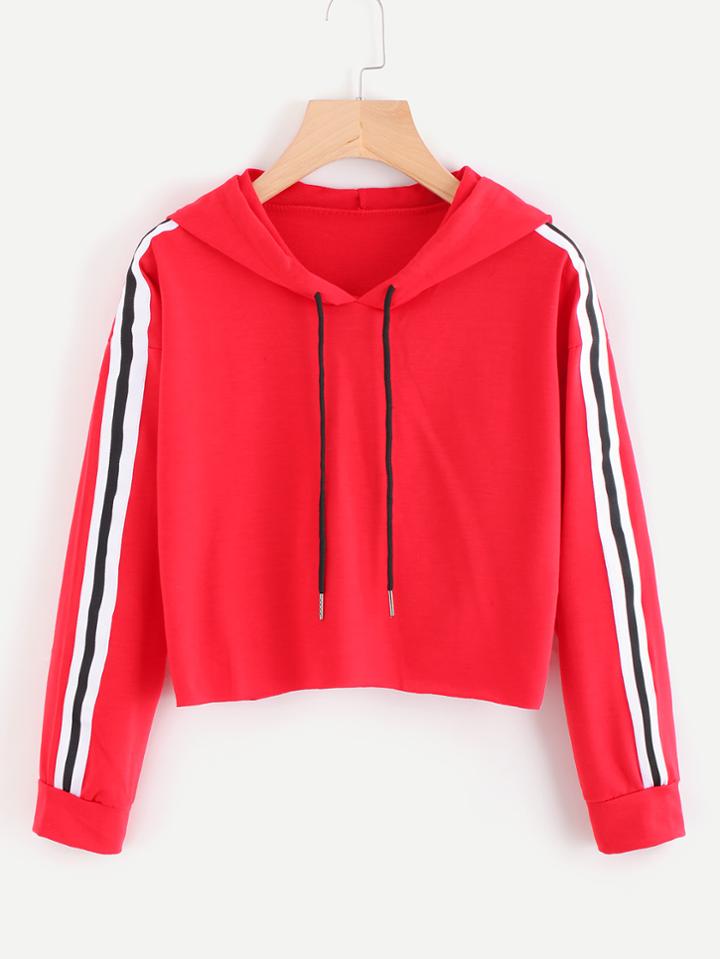 Romwe Contrast Striped Drawstring Hoodie