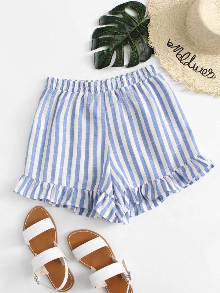 Romwe Ruffle Hem Striped Shorts