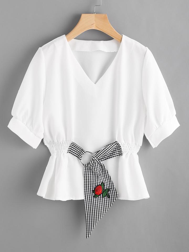 Romwe Contrast Gingham O-ring Detail Embroidered Applique Blouse