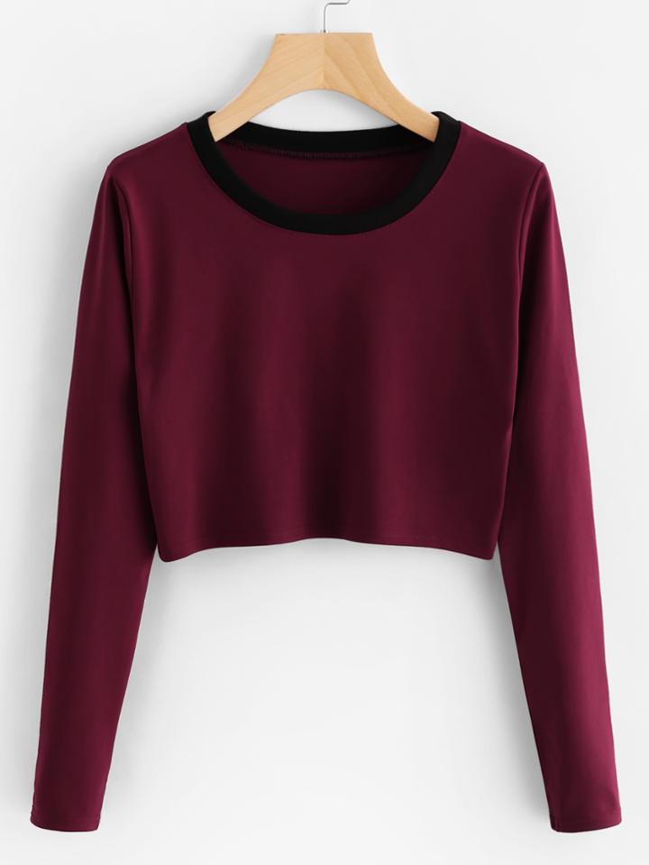 Romwe Contrast Neck Crop Tee