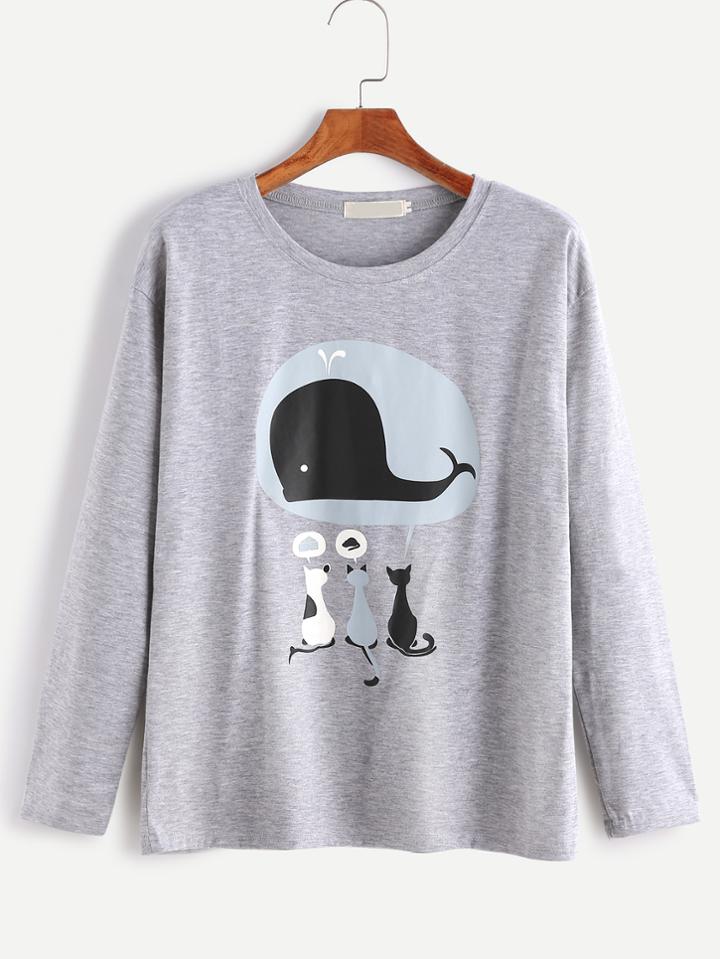 Romwe Grey Cartoon Print Long Sleeve T-shirt