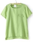 Romwe Stand Collar Pocket Dip Hem Green T-shirt