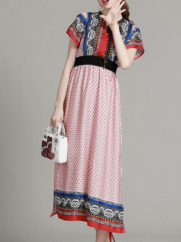 Romwe Pink Tie Neck Tribal Print Dress
