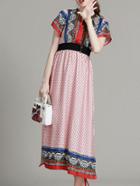 Romwe Pink Tie Neck Tribal Print Dress