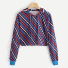 Romwe Diagonal Stripe Crop Hooded Sweatshirt