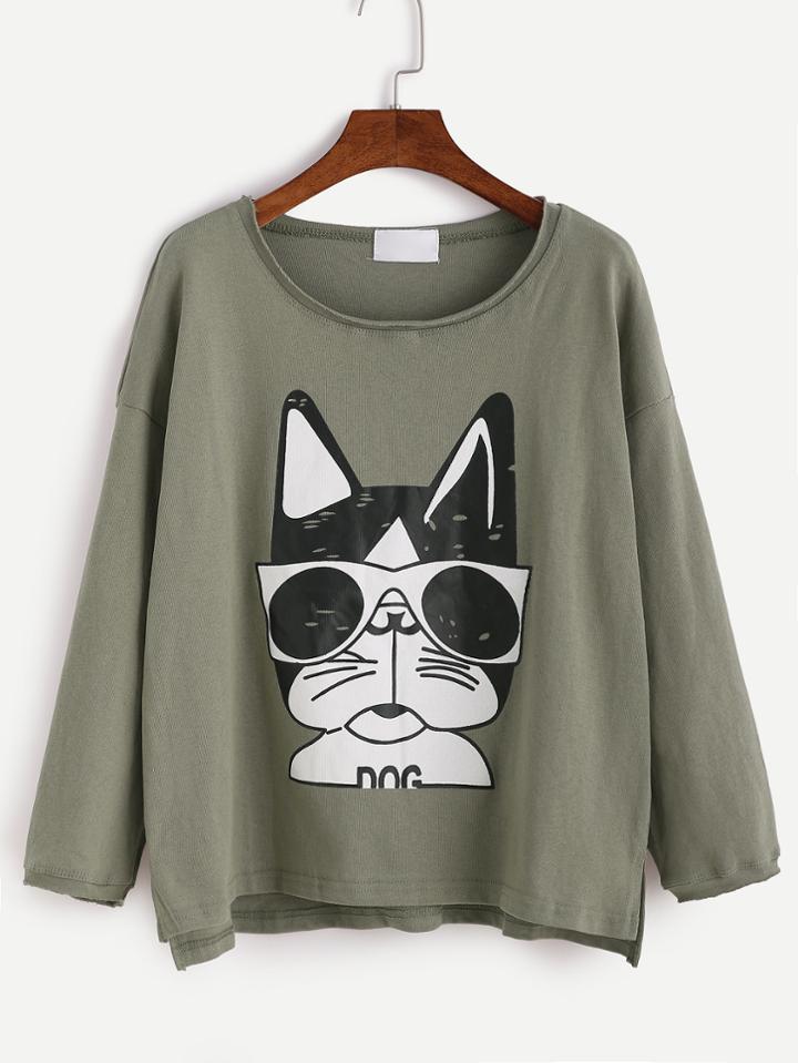 Romwe Drop Shoulder Cartoon Print T-shirt