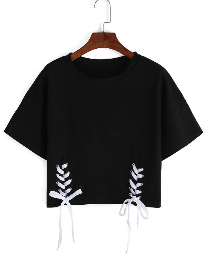 Romwe Double Lace-up Hem Crop T-shirt
