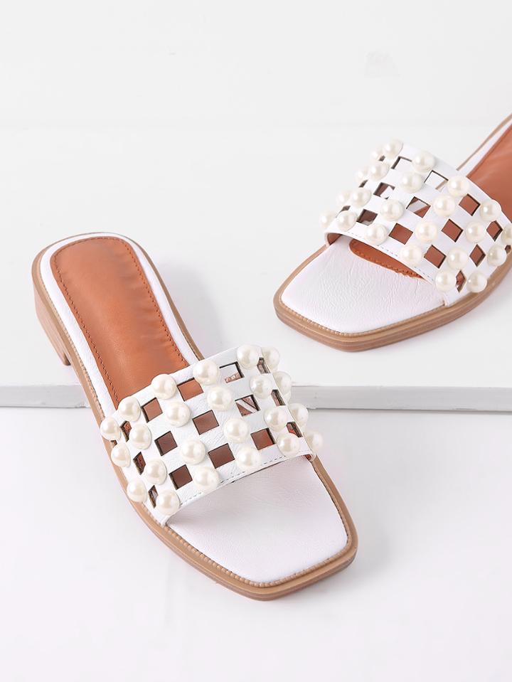 Romwe Faux Pearl Detail Cut Out Sandals