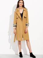 Romwe Camel Layered Wrap Coat With Embroidered Tape Detail