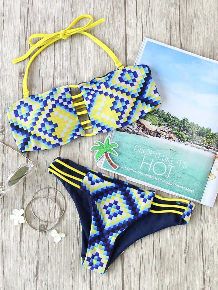 Romwe Printed Ladder Cutout Halter Bikini Set