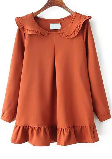 Romwe Doll Collar Long Sleeve Peplum Hem Orange Dress