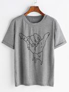 Romwe Grey Gesture Print Cuffed T-shirt