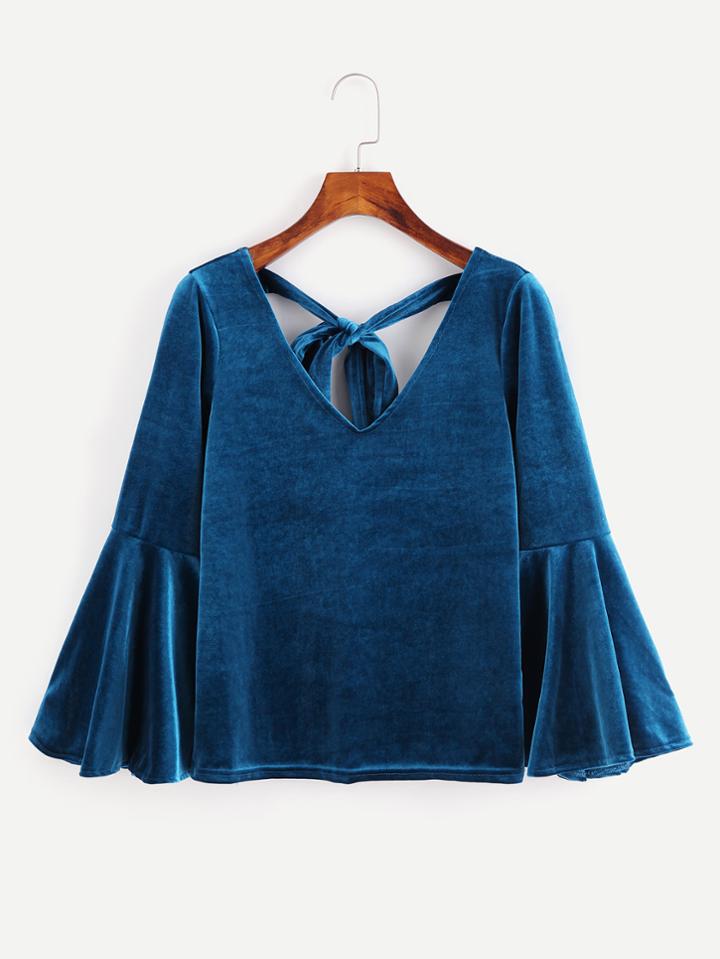 Romwe V Neckline Tie Back Bell Sleeve Velvet Top