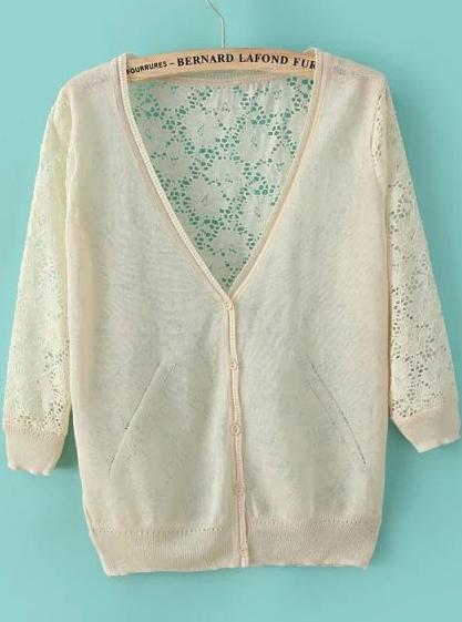 Romwe Back Lace Hollow Beige Cardigan