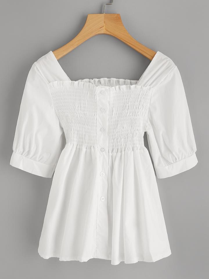 Romwe Shirred Single Breasted Flare Blouse