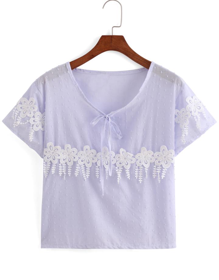 Romwe Contrast Lace Purple T-shirt
