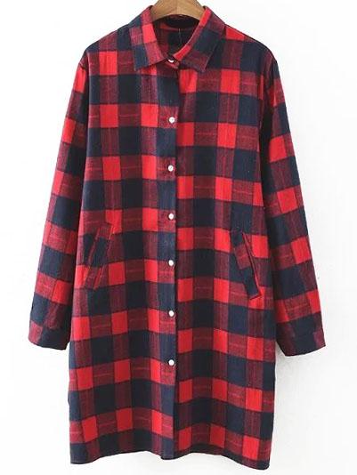 Romwe Red Plaid Dual Pockets Shirt Dress