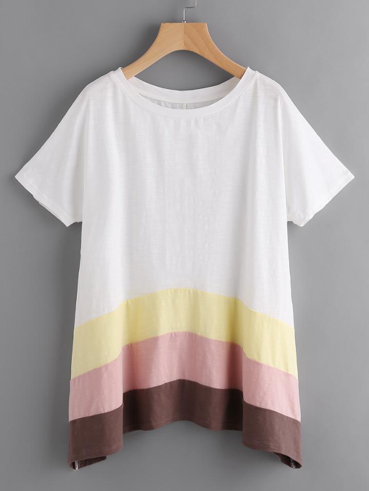 Romwe Cut And Sew Hanky Hem Slub T-shirt