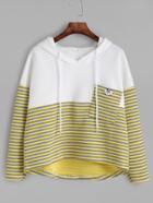 Romwe Yellow Contrast Striped High Low Hooded Textured Sweatshirt