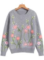 Romwe Embroidered Loose Knit Grey Sweater