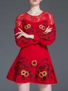 Romwe Red Contrast Lace Embroidered A-line Dress