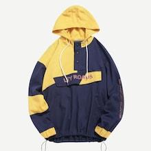 Romwe Guys Cut And Sew Drawstring Letter Embroidered Hoodie