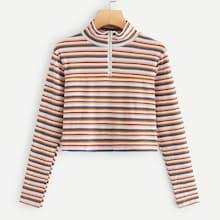 Romwe Striped Quarter Zip Crop Tee