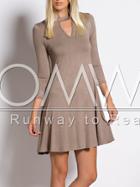 Romwe Brown Round Neck Cut Out Dress