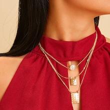 Romwe Faux Pearl & Rectangle Charm Layered Chain Necklace 1pc