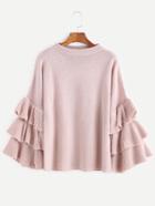 Romwe Pink Layered Ruffle Sleeve Pullover Sweater
