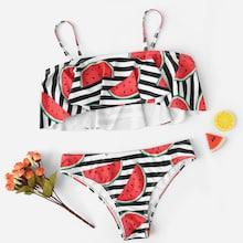 Romwe Random Striped & Fruit Print Flounce Bikini Set