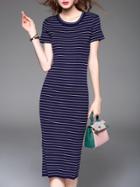 Romwe Navy White Striped Knit Long Dress