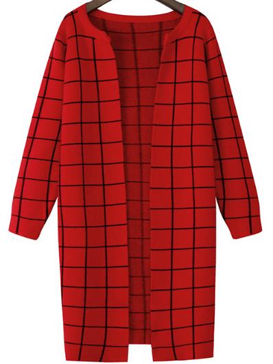 Romwe Plaid Long Red Coat