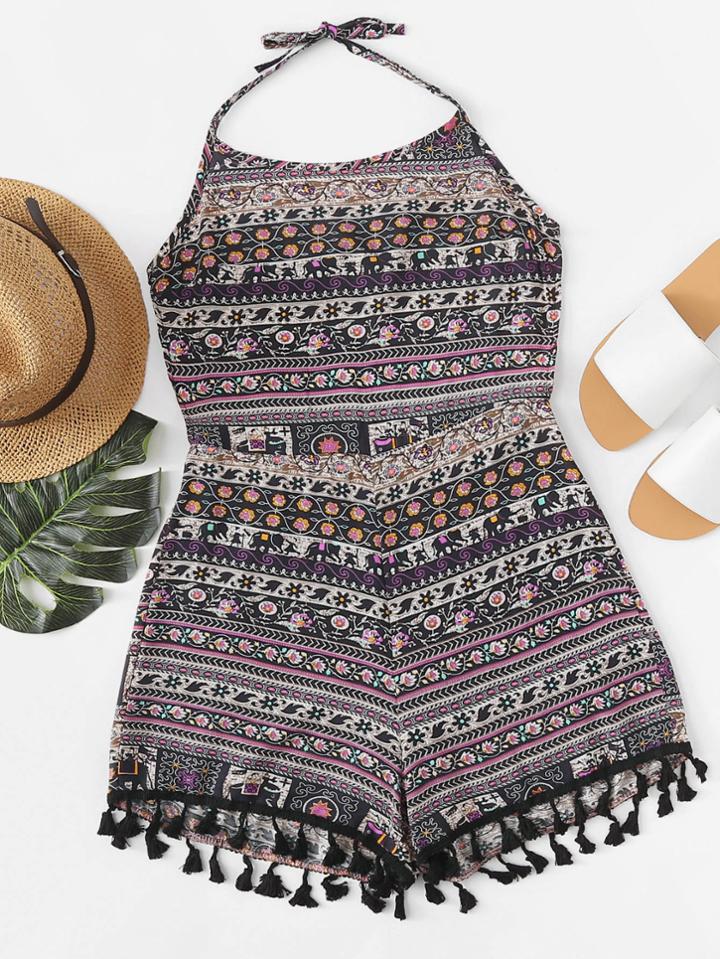 Romwe Fringe Hem Geo Print Halter Top