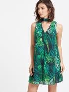 Romwe Green Tropical Print Double Cutout Choker Neck Dress