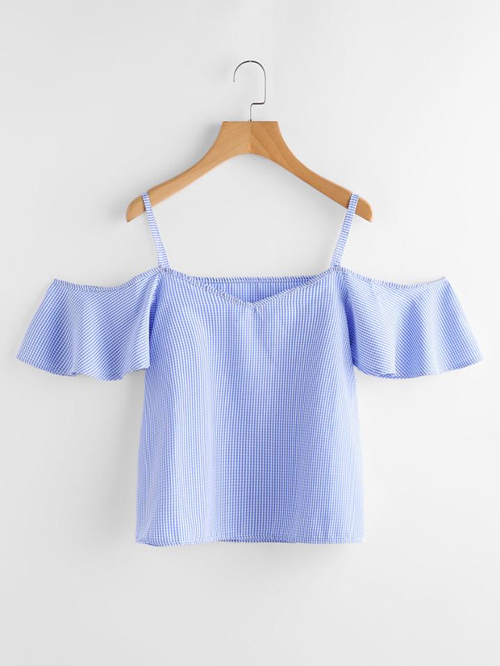 Romwe Gingham Cold Shoulder Top