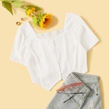 Romwe Shirred Back Square Neck Asymmetrical Hem Solid Blouse