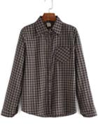 Romwe Lapel Plaid Buttons Khaki Blouse With Pocket