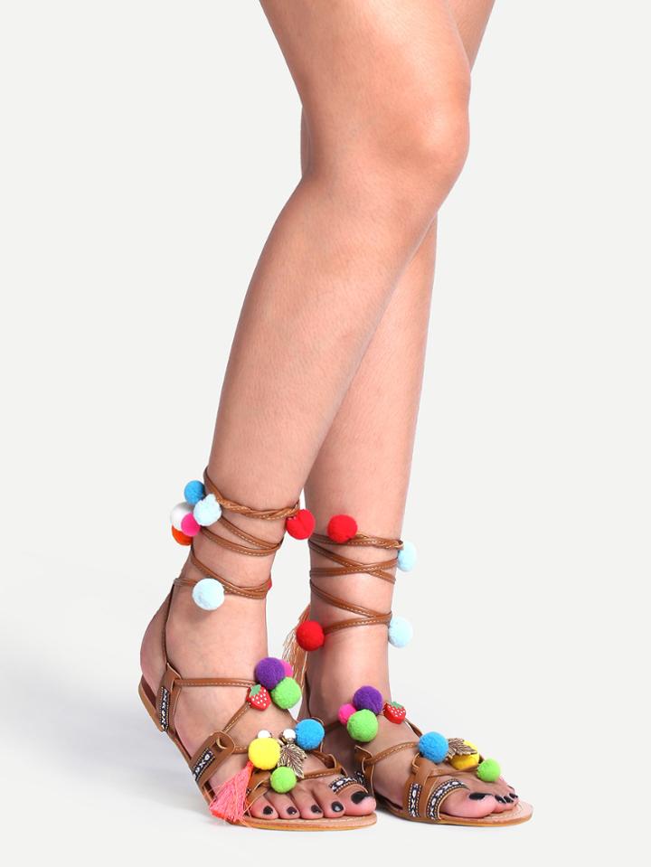 Romwe Pom Pom Trimmed Lace-up Sandals - Camel