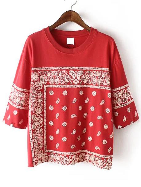 Romwe Paisley Print Red T-shirt