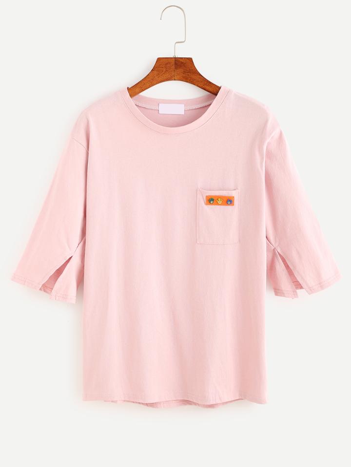 Romwe Pink Slit Sleeve Hand Patch Pocket T-shirt